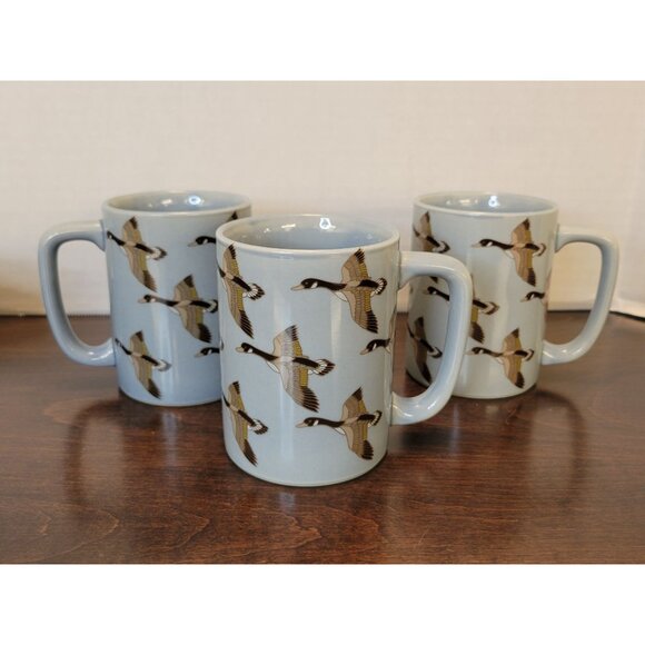 Set Of 3 Vintage Otagiri Japan Blue Coffee Mugs W/ Flying Geese Game Hunting - Picture 7 of 7